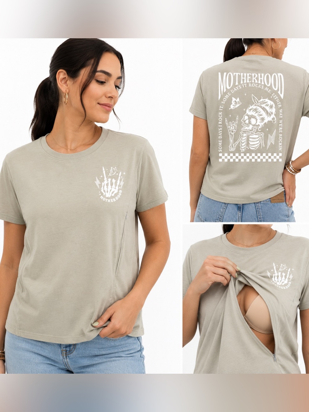 GiftifyMama Motherhood Nursing T-Shirt Medium Rocker Skeleton Graphic Beige
